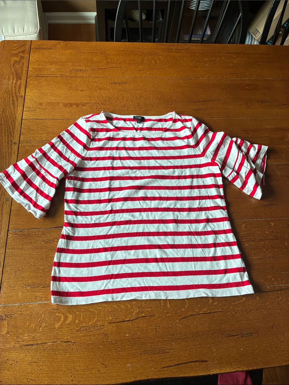 Talbots Red and White Striped Ruffle Sleeve Tee
